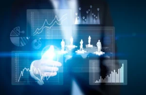 Futuristic HR interface showing workforce analytics and mobility features, highlighting the need for mobile HRMS apps like BizHRS.
