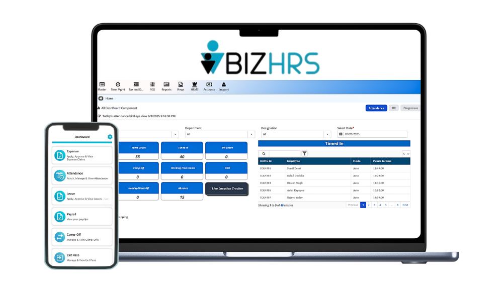 Laptop and smartphone displaying BizHRS HR software dashboard and mobile app interface for employee management.