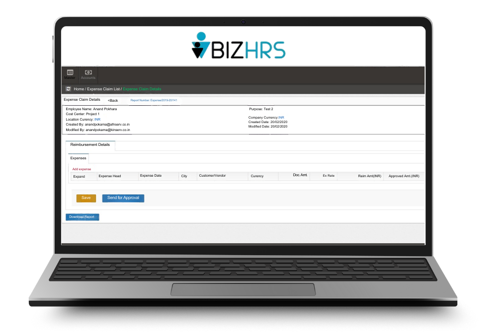 Expense claim form in BizHRS software showing employee claim details, reimbursement breakdown, and submission for approval on a laptop screen.
