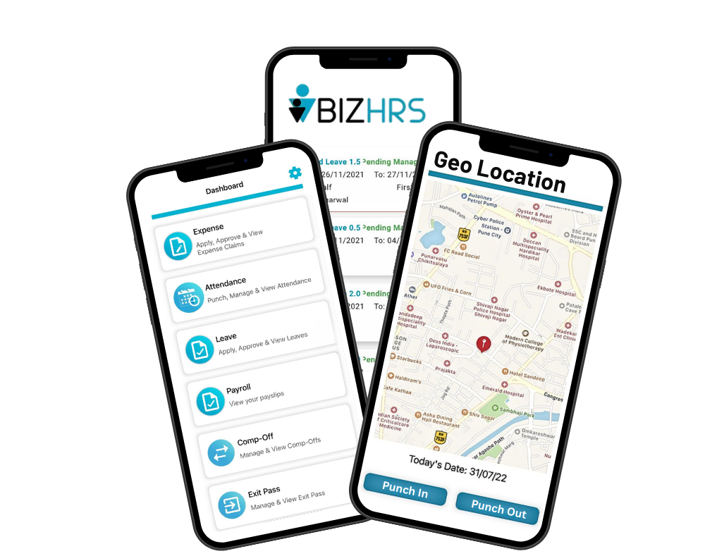 Two smartphones display the BizHRS mobile app, highlighting a complete employee self service portal. The phone on the left shows a dashboard with icons for managing Expenses, Attendance, Leave, and Payroll. The phone on the right shows the geo-location feature with a map for a simple Punch In/Punch Out system.