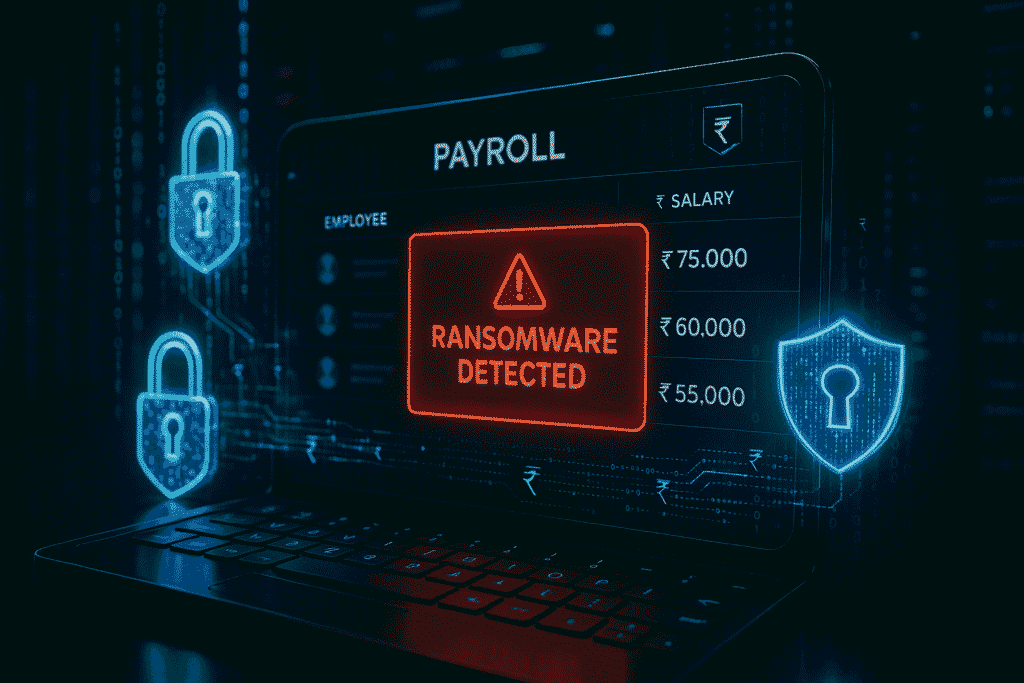 Payroll Ransomware Attacks warning on a digital payroll system screen showing locked employee salary data, representing cybersecurity threats to payroll processing.