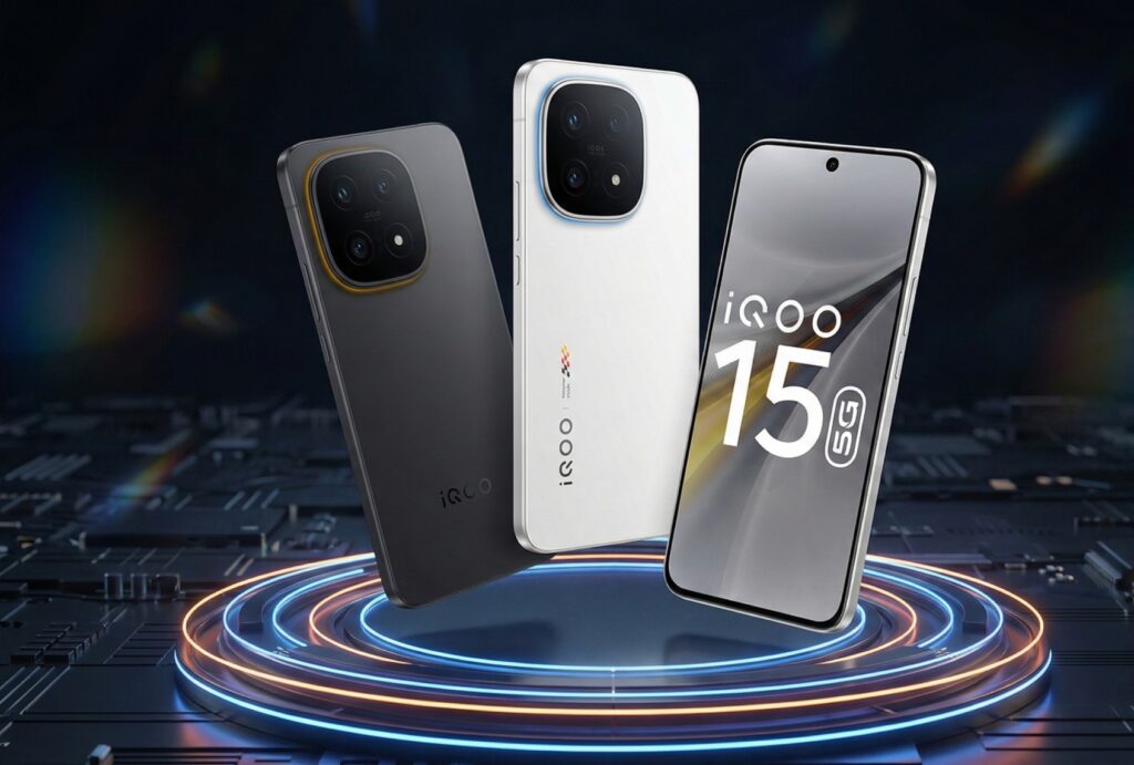 Official product render showing the new iQOO 15 models in black and white during the iqoo 15 launch, highlighting the triple camera module and 5G display design