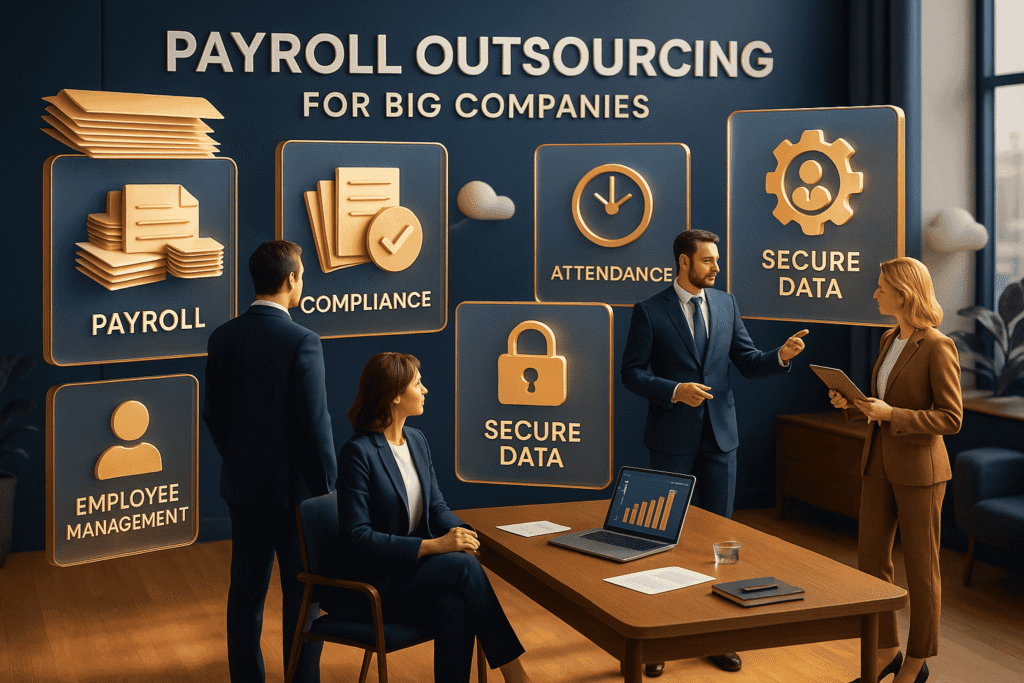 3D business team discussing Payroll Outsourcing for Big Companies with large 3D icons showing payroll, compliance, attendance, employee management, and secure data in a modern corporate office.