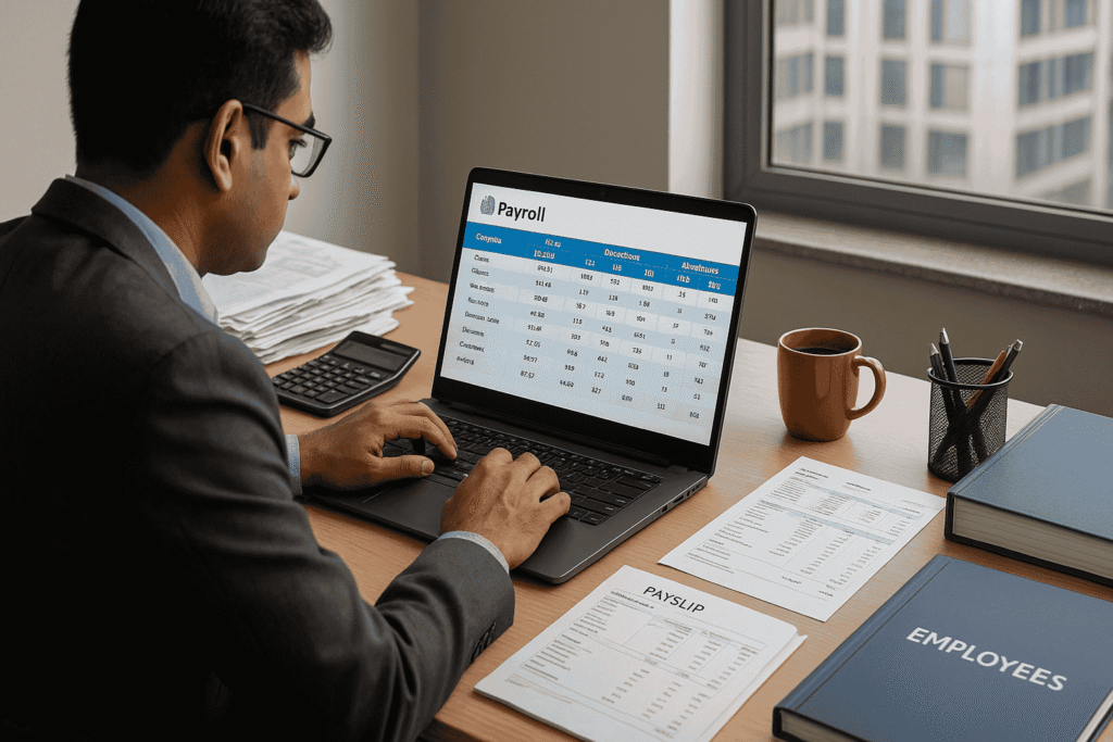 Payroll Automation in India shown through an HR professional processing employee salaries, tax deductions, and payslips on a laptop in a modern office setting.