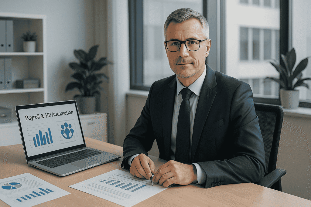 Business professional sitting at a desk reviewing payroll and HR automation charts on a laptop, with documents and graphs displayed in a modern office setting