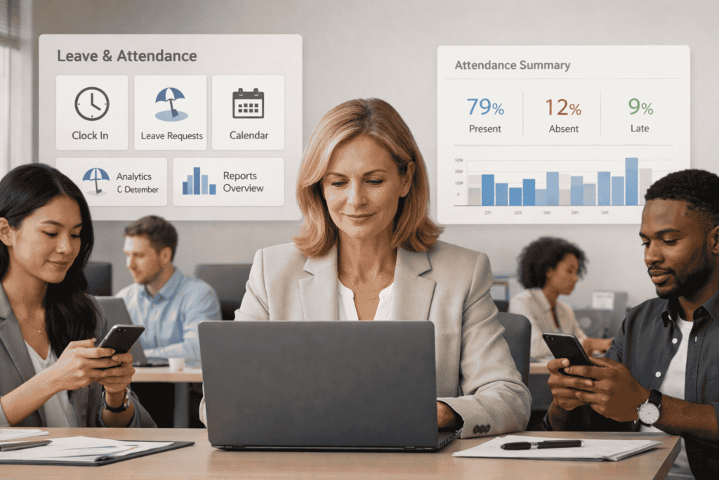 Employees using a leave and attendance management system dashboard to track attendance, apply for leave, and view analytics in a modern office.