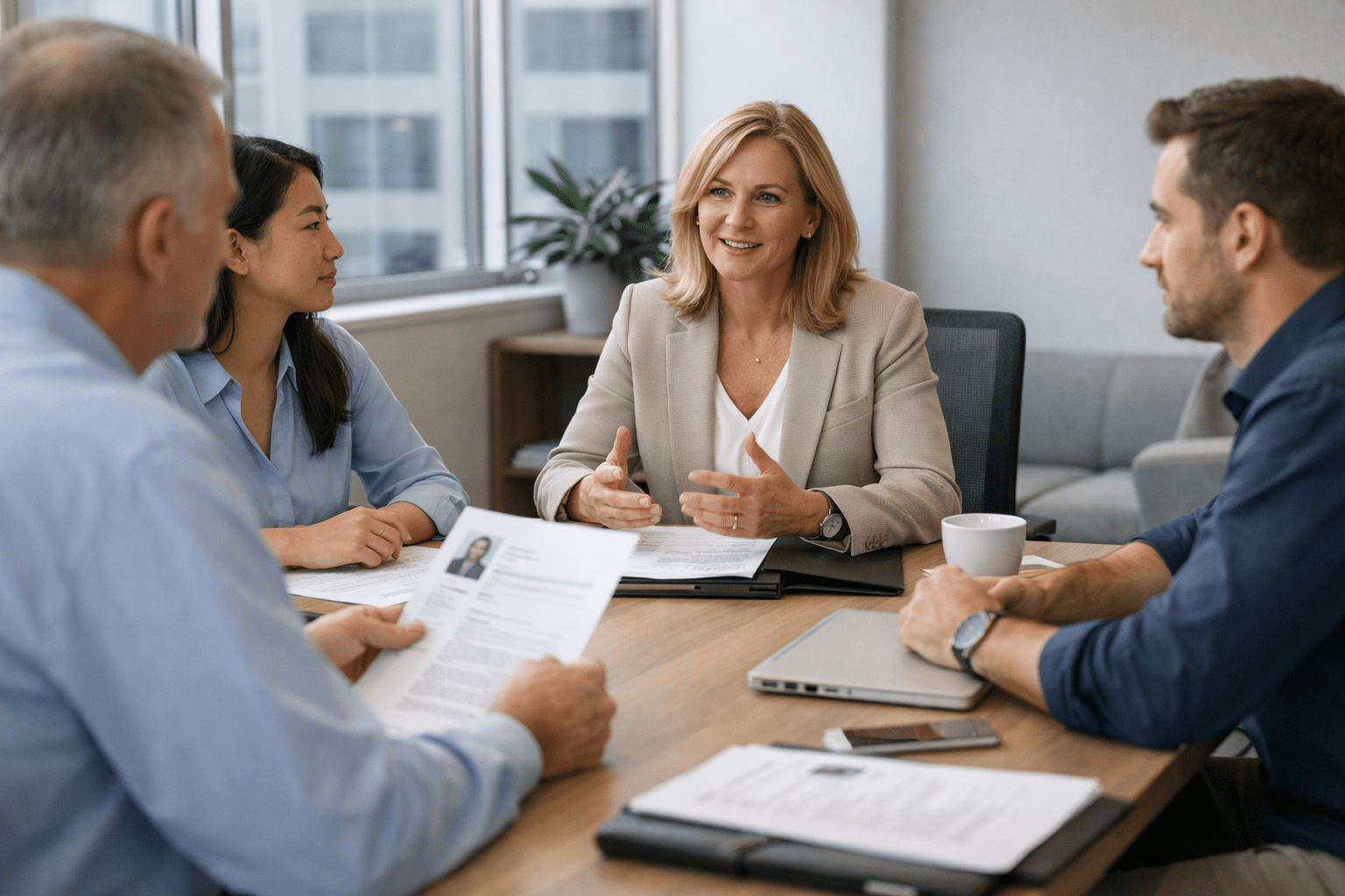 HR Trends 2026 showing an HR manager conducting a professional job interview and workforce discussion in a modern office