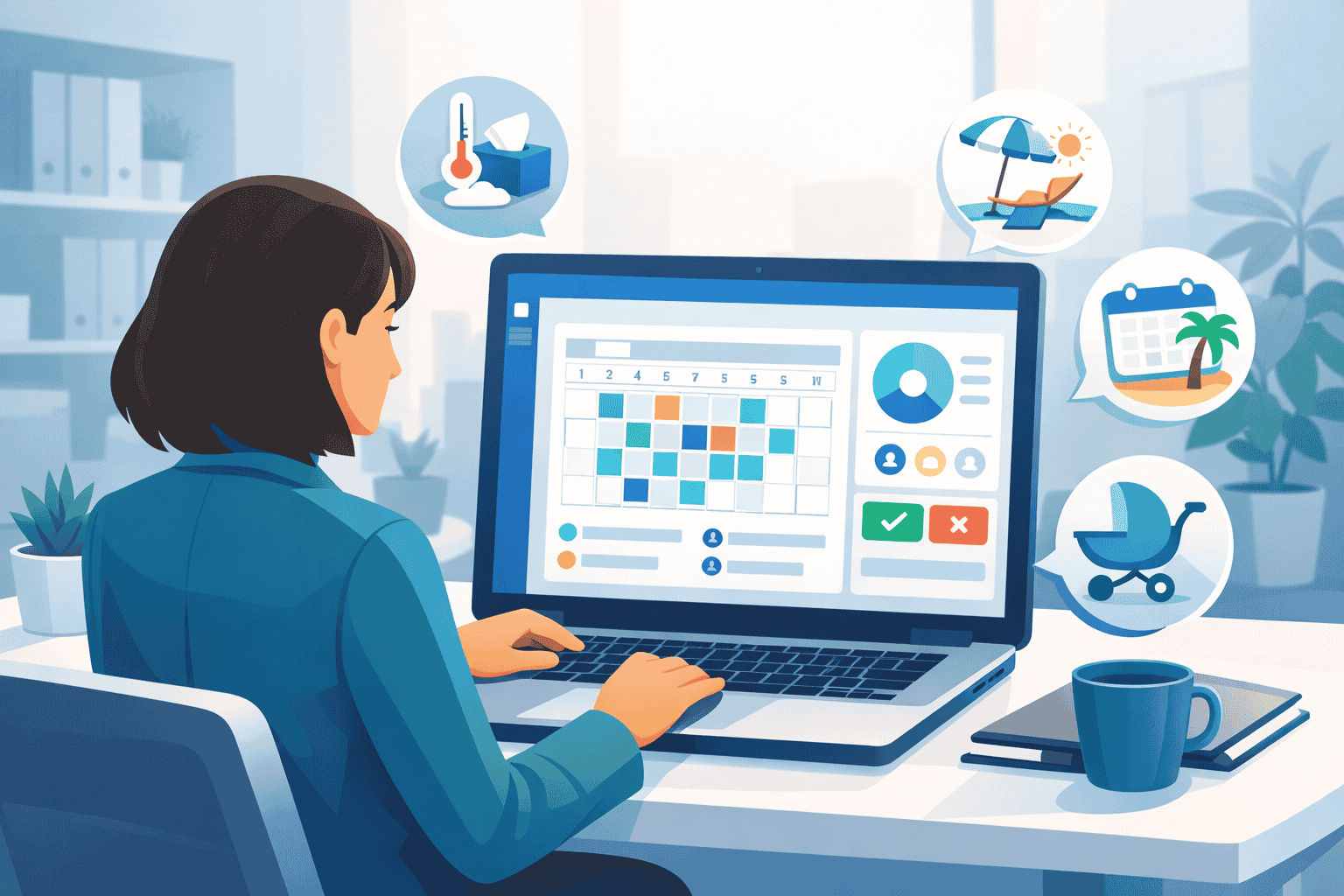 HR professional using leave management software dashboard to track employee leave, approvals, and time-off requests.