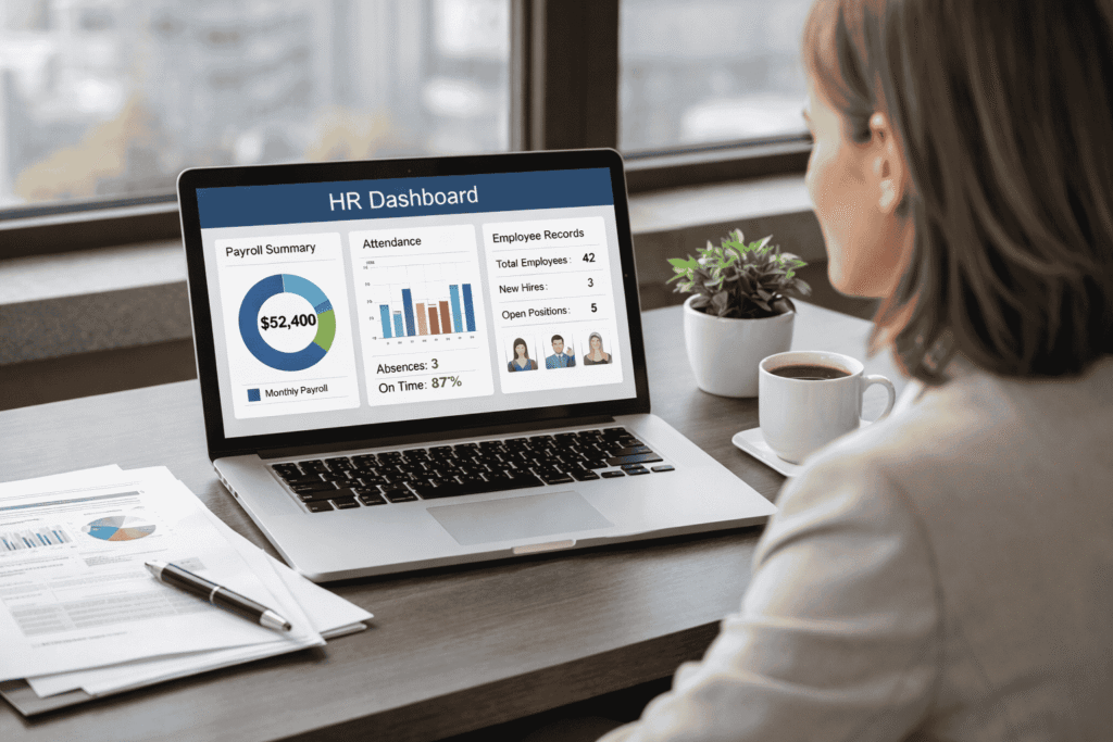 HR professional reviewing HR operations dashboard on laptop showing payroll, attendance, and employee records in a modern office setting