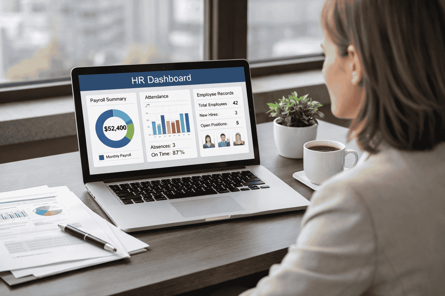 HR professional reviewing HR operations dashboard on laptop showing payroll, attendance, and employee records in a modern office setting