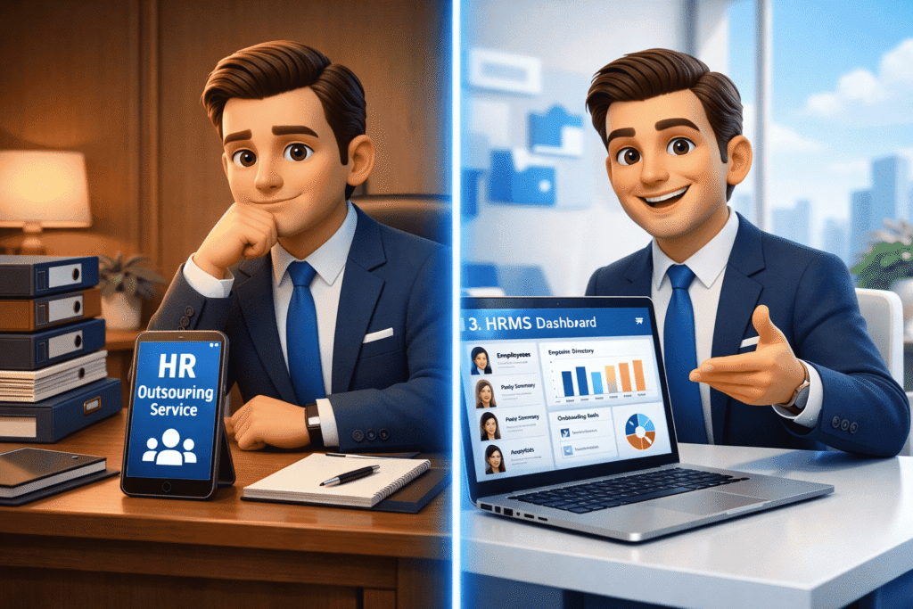 HR outsourcing vs HRMS illustrated through a 3D business character comparing HR outsourcing service with a modern HRMS software dashboard.