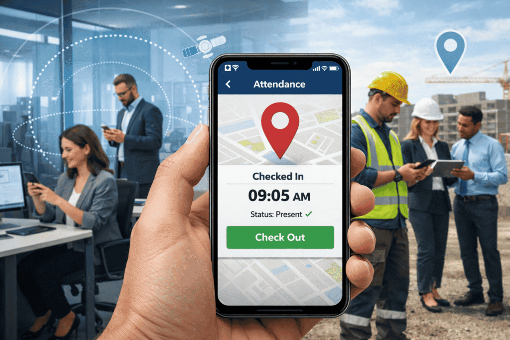 Geo-location attendance system showing on-site employees checking in through a mobile HR software app with location-based attendance tracking.