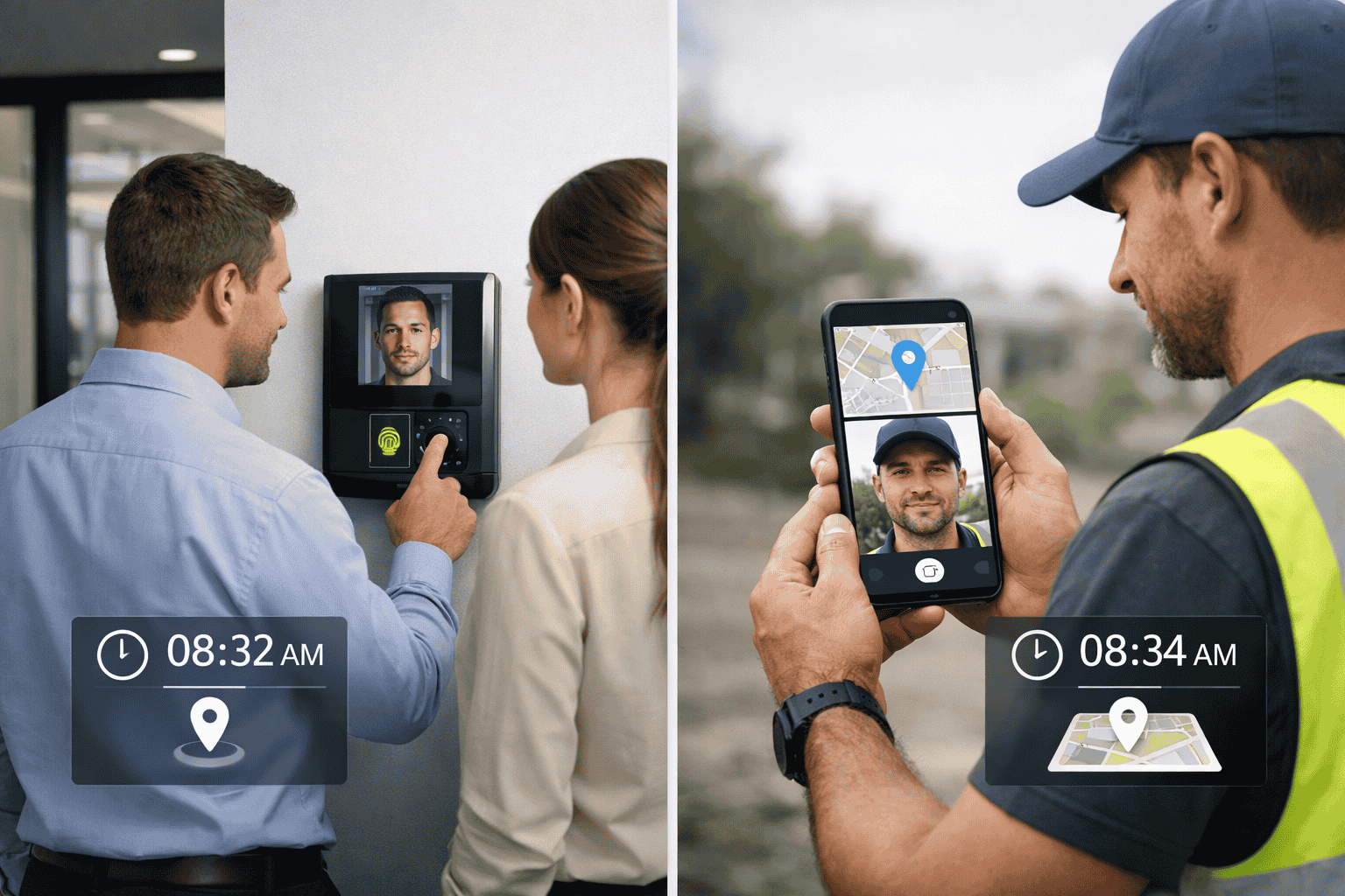 Biometric vs Mobile Attendance showing office biometric device and mobile GPS selfie check in for field staff.