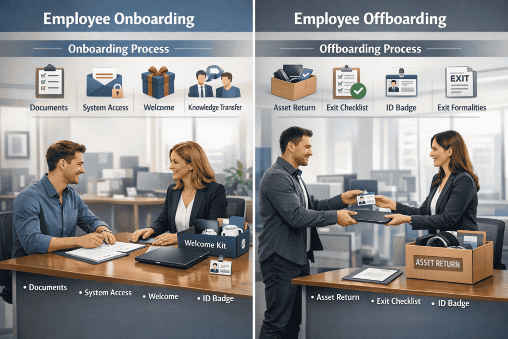 Employee onboarding and offboarding infographic showing onboarding steps like documents, system access, welcome kit, and ID badge on the left, and offboarding steps like asset return, exit checklist, and ID badge handover on the right in a corporate office setting.