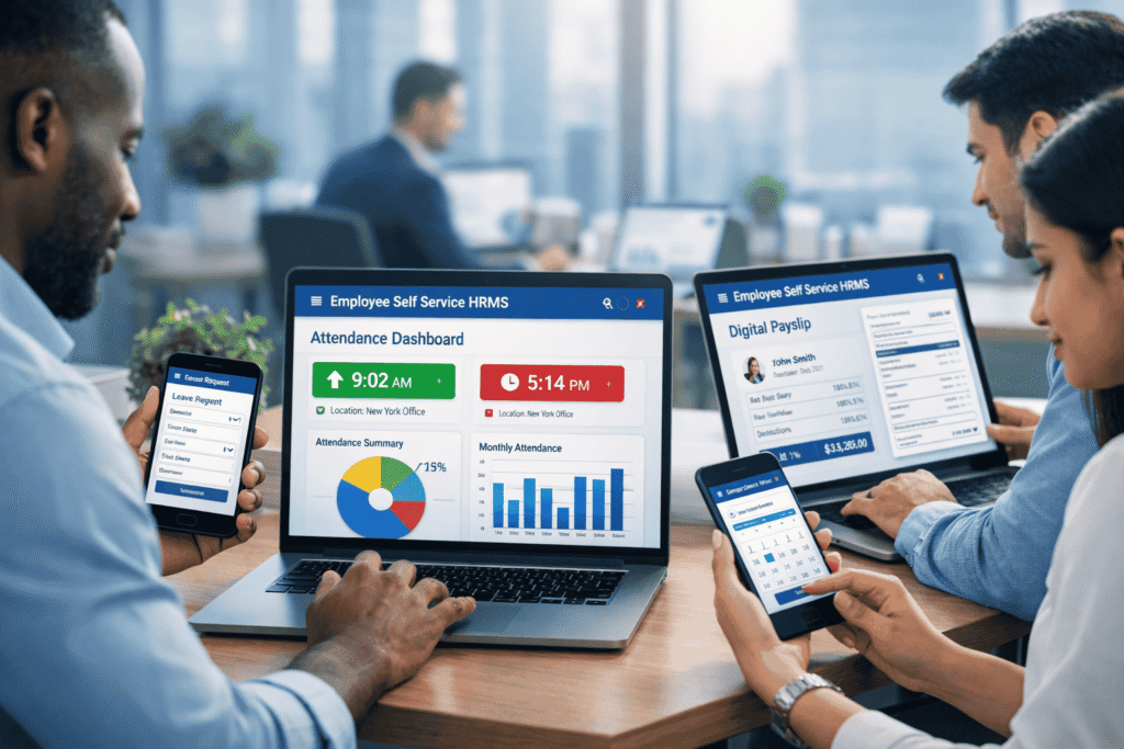 Employees using laptops and smartphones to access an Employee Self Service HRMS portal showing attendance dashboard, leave request form, and digital payslip in a modern office setting.