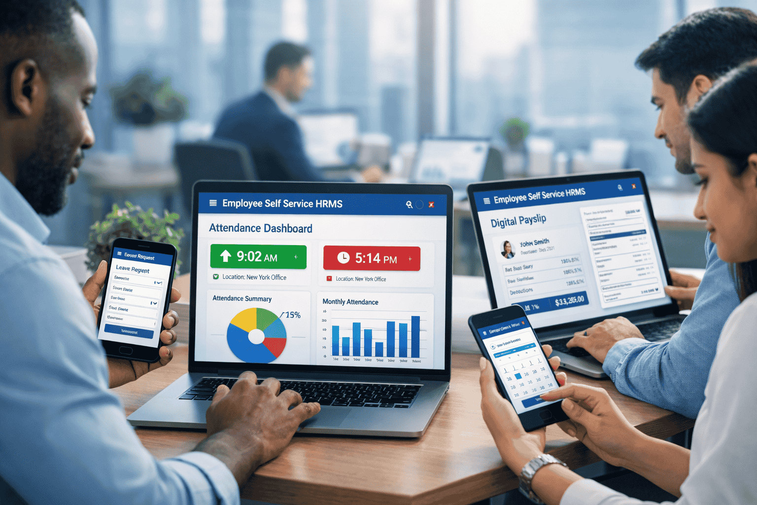 Employees using laptops and smartphones to access an Employee Self Service HRMS portal showing attendance dashboard, leave request form, and digital payslip in a modern office setting.