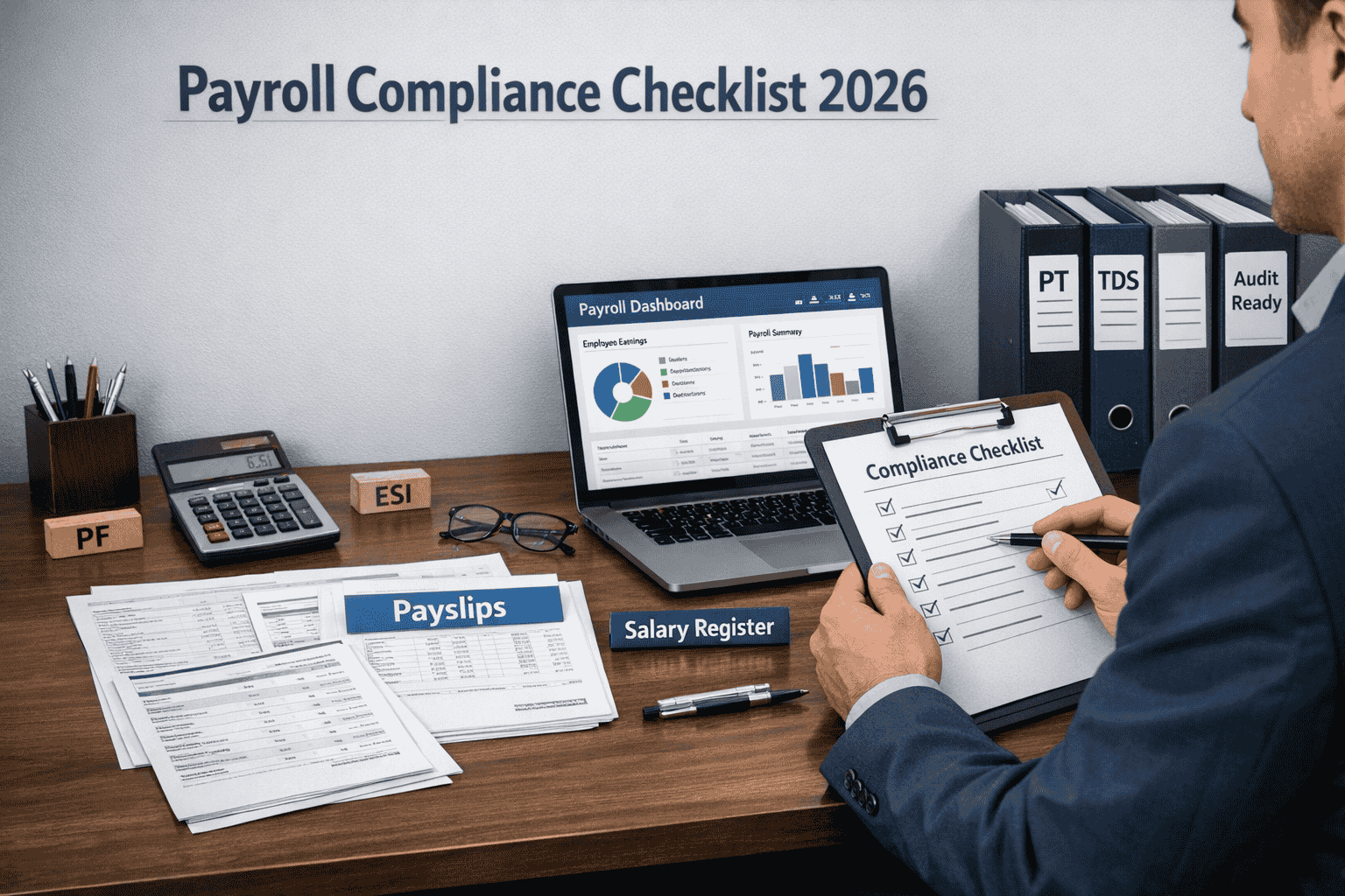 Alt text: Payroll Compliance Checklist 2026 scene showing an HR manager reviewing a compliance checklist beside payslips, salary register, PF and ESI markers, payroll dashboard on a laptop, and audit-ready files on a desk.