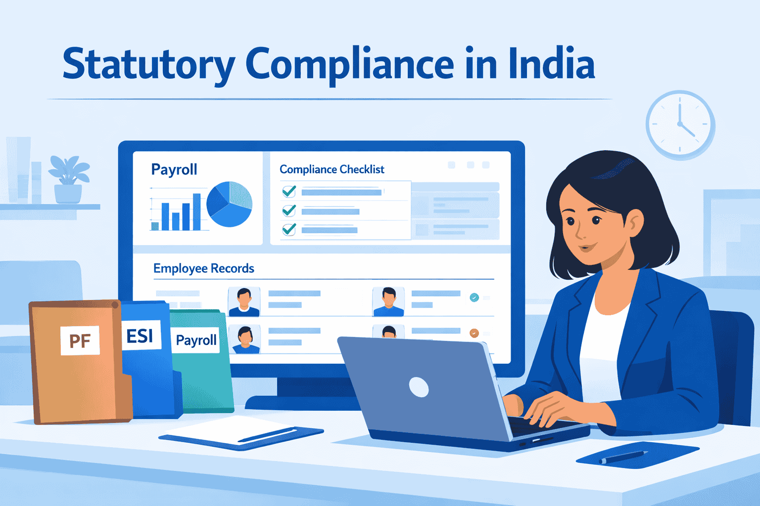 Statutory compliance in India dashboard showing HR manager managing payroll, PF, ESI, and employee records