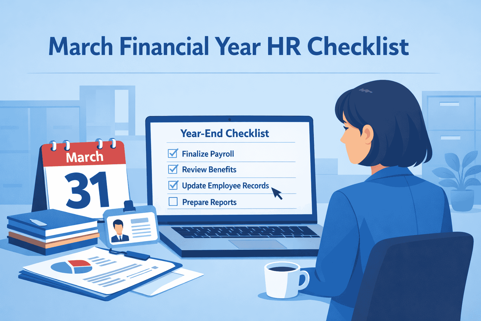 March Financial Year HR checklist illustration showing employer reviewing employee records and year end tasks before March 31