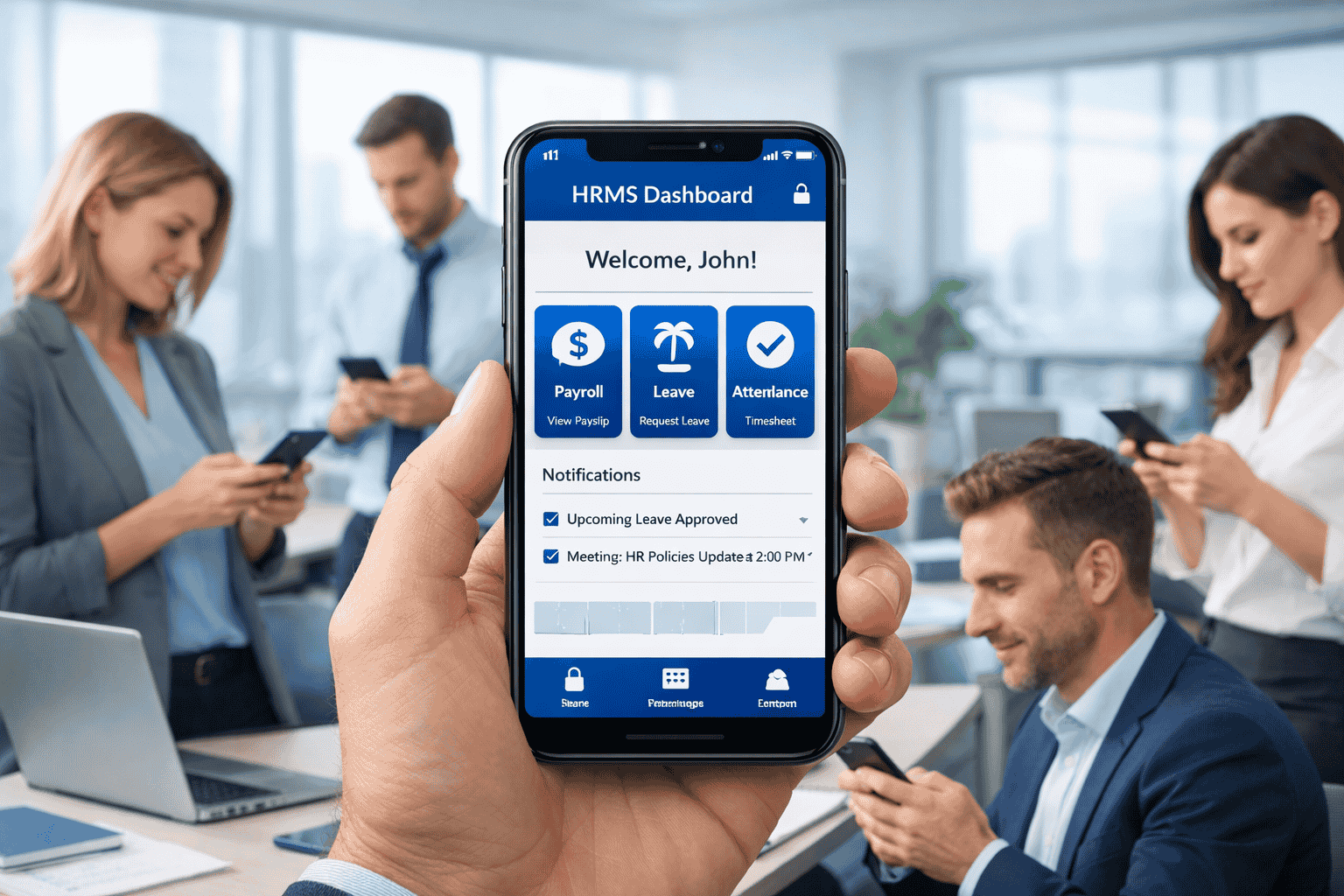 Self Service Portal for Employees displayed on a mobile HRMS dashboard showing payroll, leave management, and attendance features in an office setting.