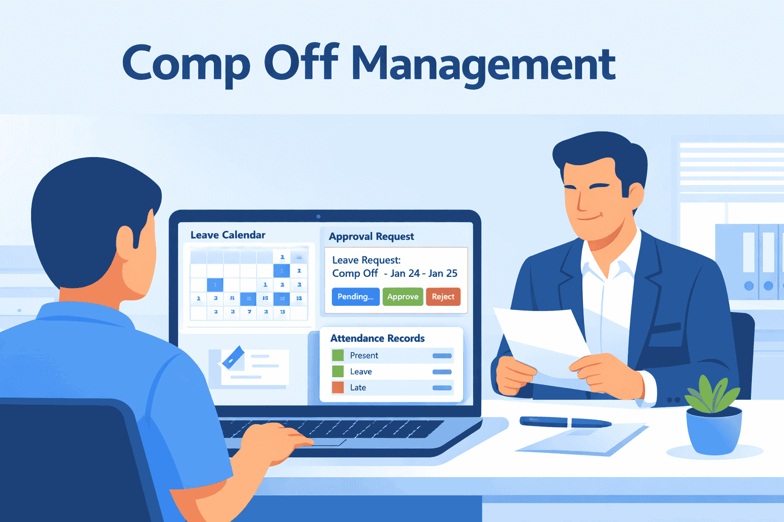 Comp off management illustration showing employee leave request approval and attendance tracking on HR dashboard